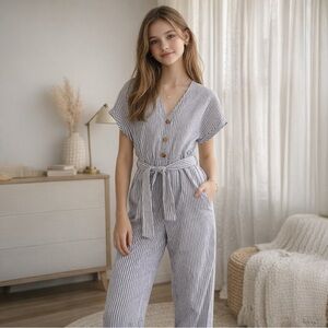 Zara Navy and White Striped Jumpsuit